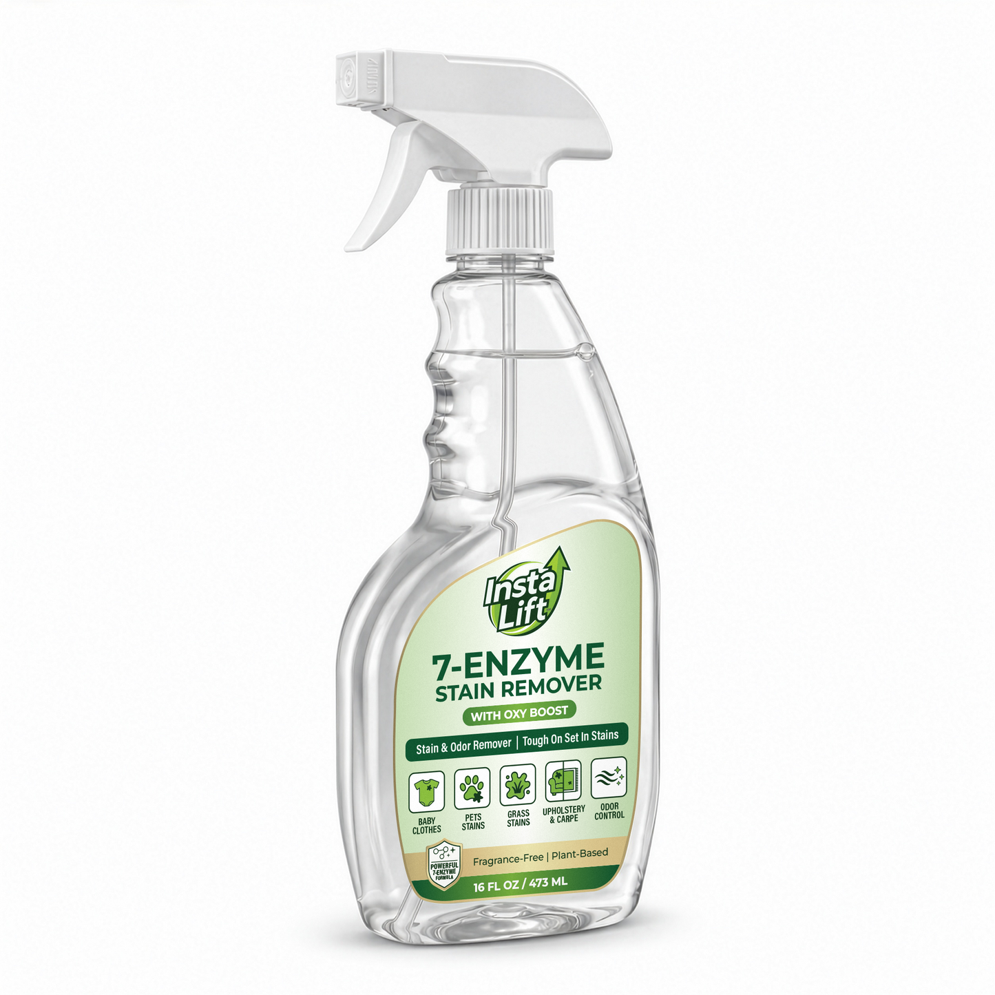 Clear spray bottle with green label on a white background