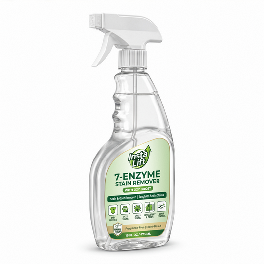 Clear spray bottle with green label on a white background