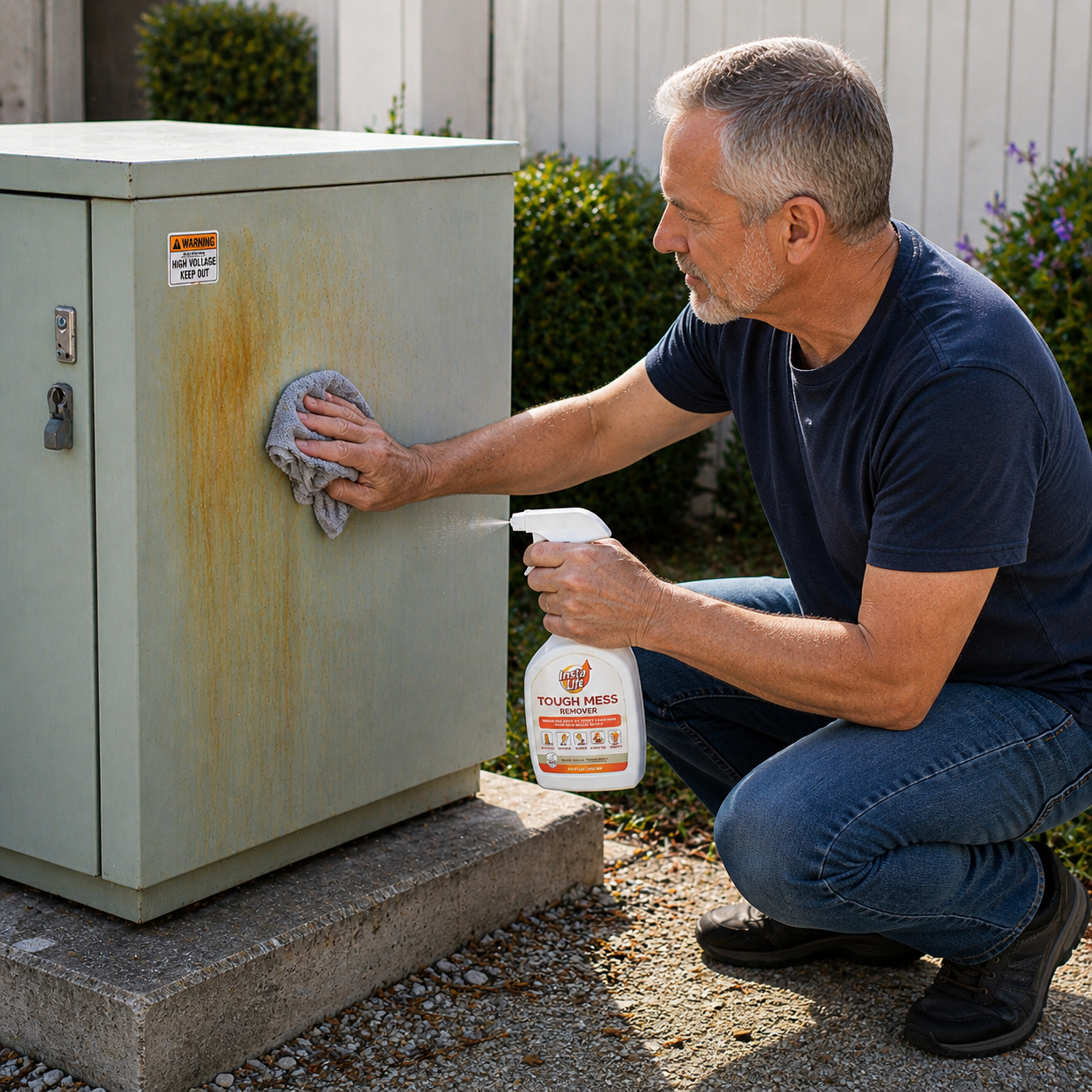Man cleaning an outdoor electrical box with a spray bottle and cloth.