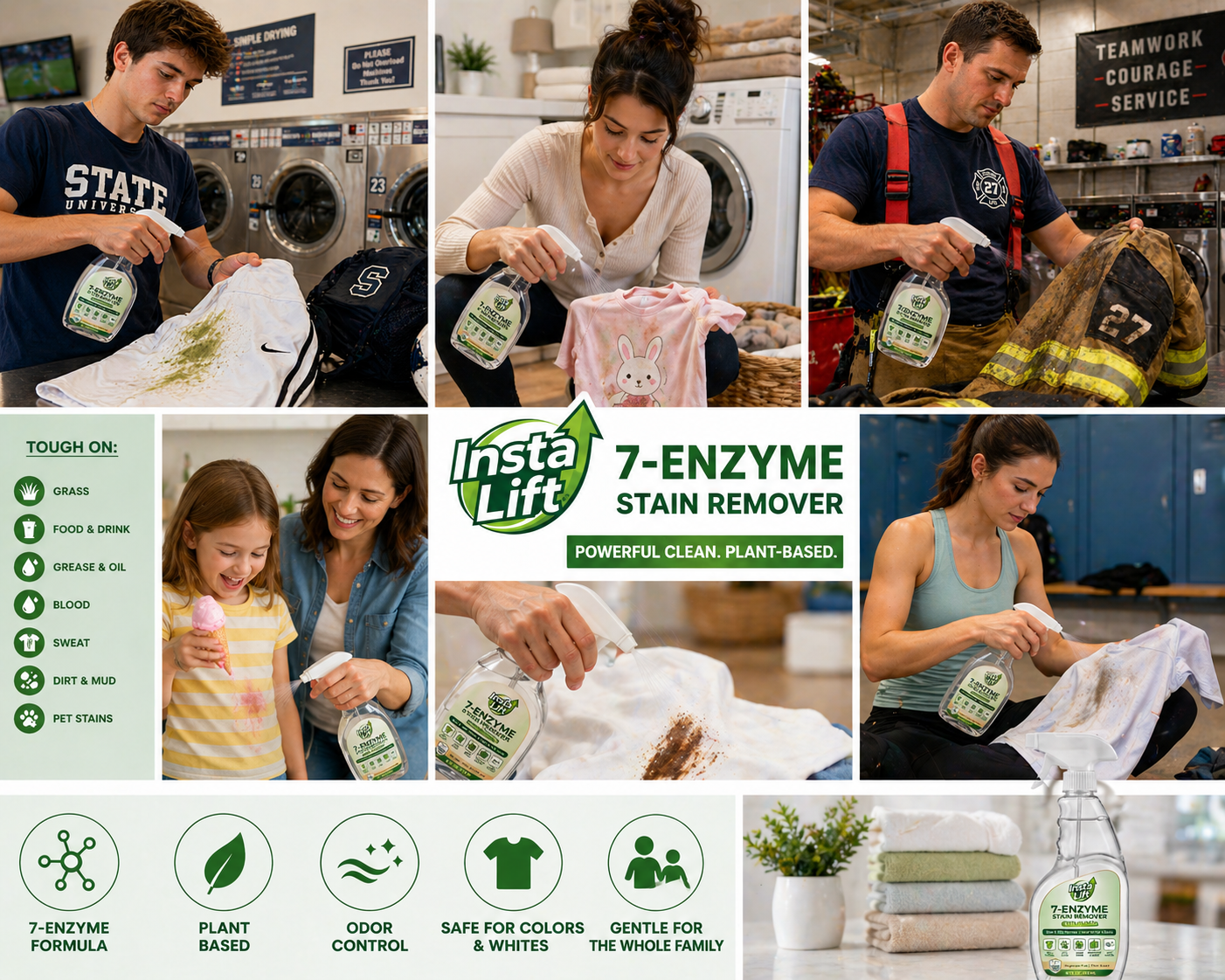 Collage of people using Insta Lift 7-Enzyme Stain Remover in various settings.