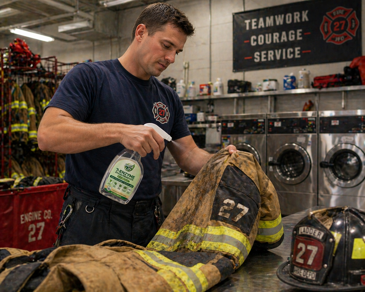 Firefighter cleaning gear in a fire station laundry room.