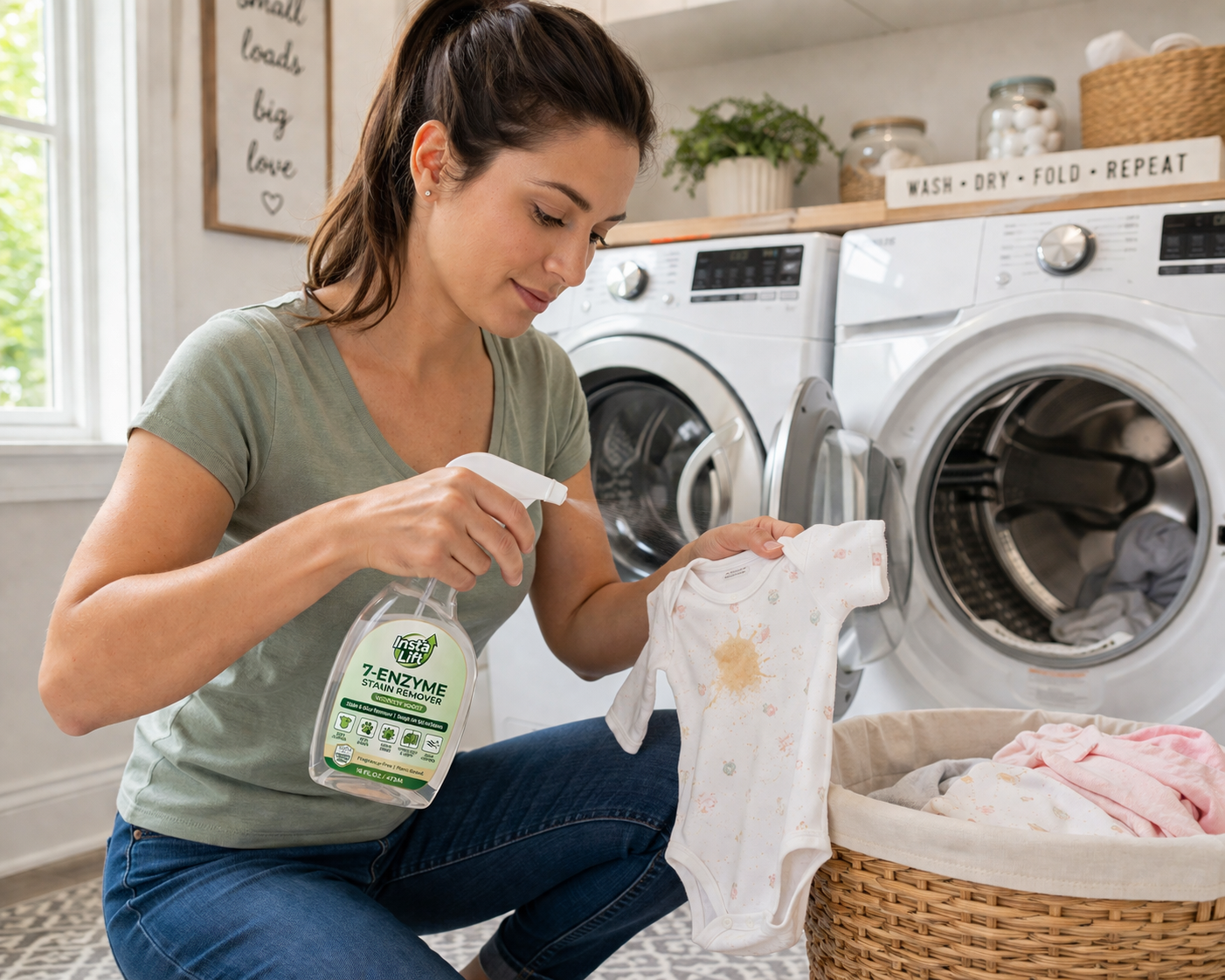 Woman in a laundry room holding a bottle of detergent and a baby outfit.