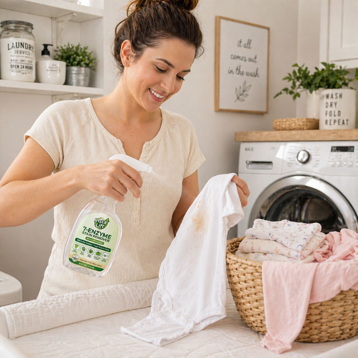 Woman in a laundry room holding a bottle of 7 ENYME detergent and a white towel.