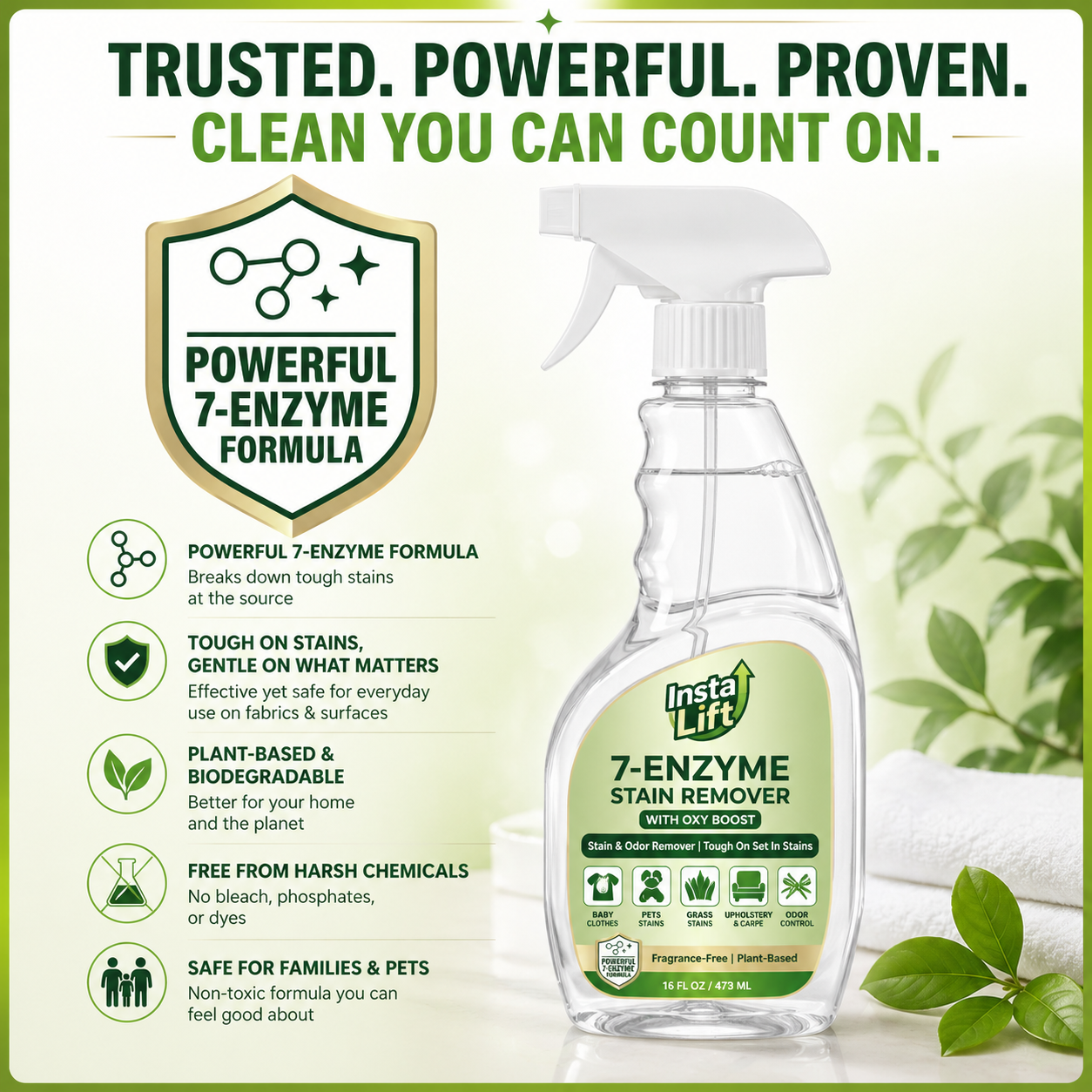 Insta Lift 7-Enzyme Stain Remover bottle with green label on a white background