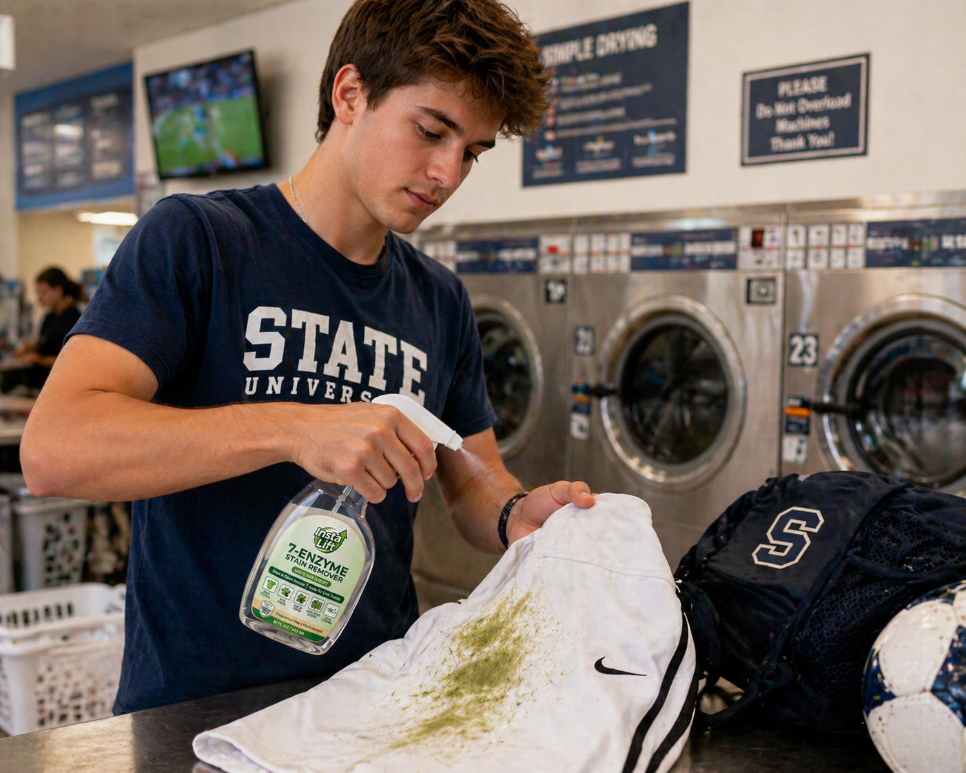 college student Person cleaning a shirt with a bottle of detergent in a laundromat.