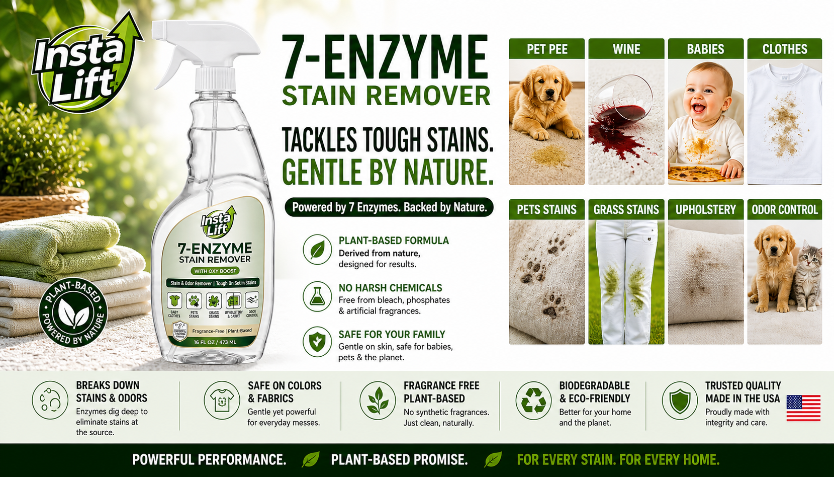 Insta Lift 7-Enzyme Stain Remover advertisement with product and usage examples.