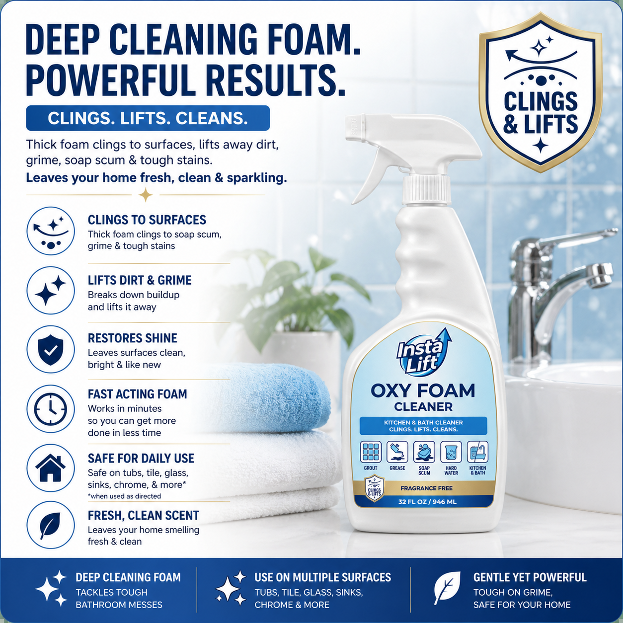 Insta Life Oxy Foam Cleaner bottle with cleaning benefits listed on a bathroom background
