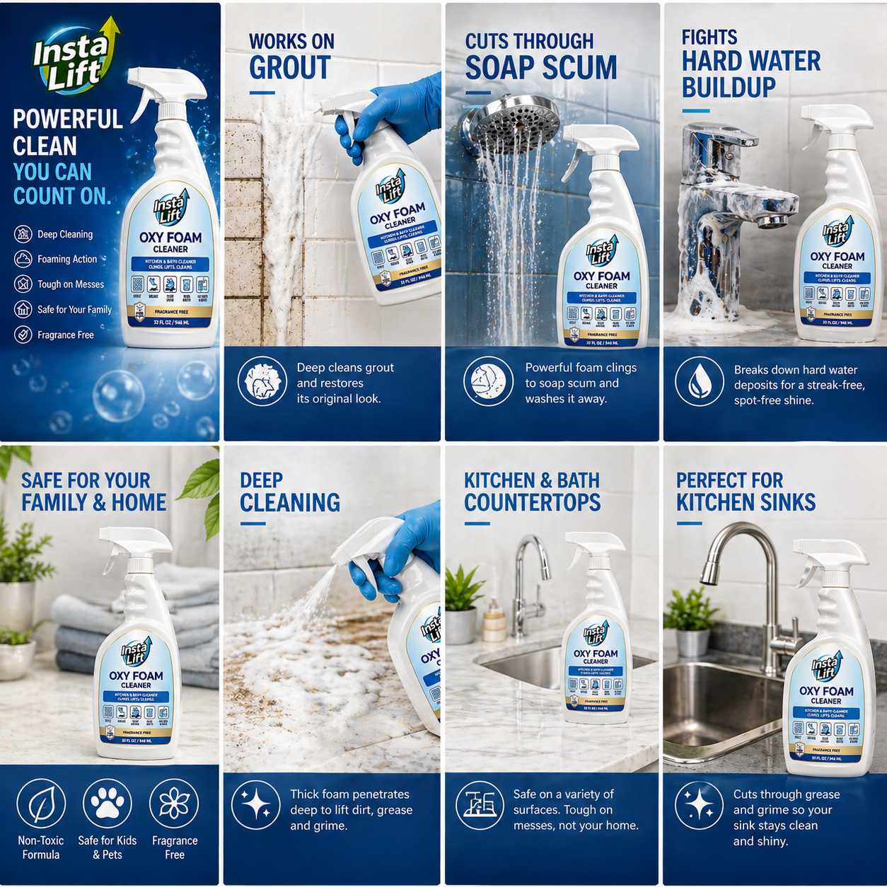Promotional collage of Oxy Foam Cleaner with various uses and benefits.