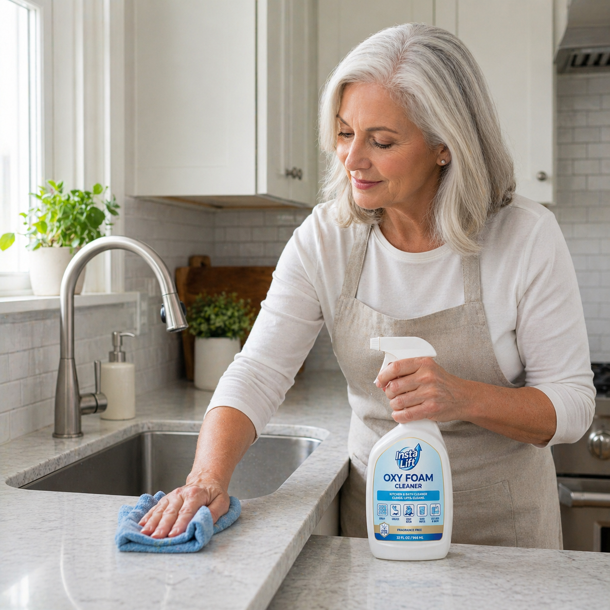 Woman cleaning a kitchen counter with Oxy Foam cleaner