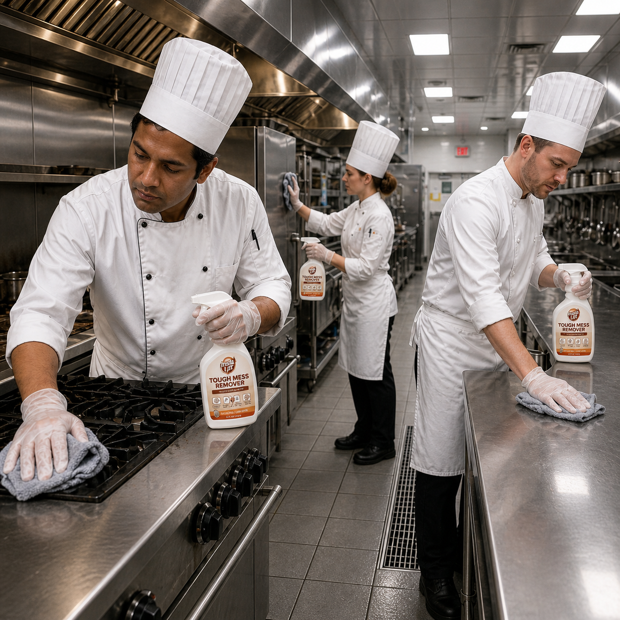 Three chefs in a kitchen cleaning surfaces with cleaning products.