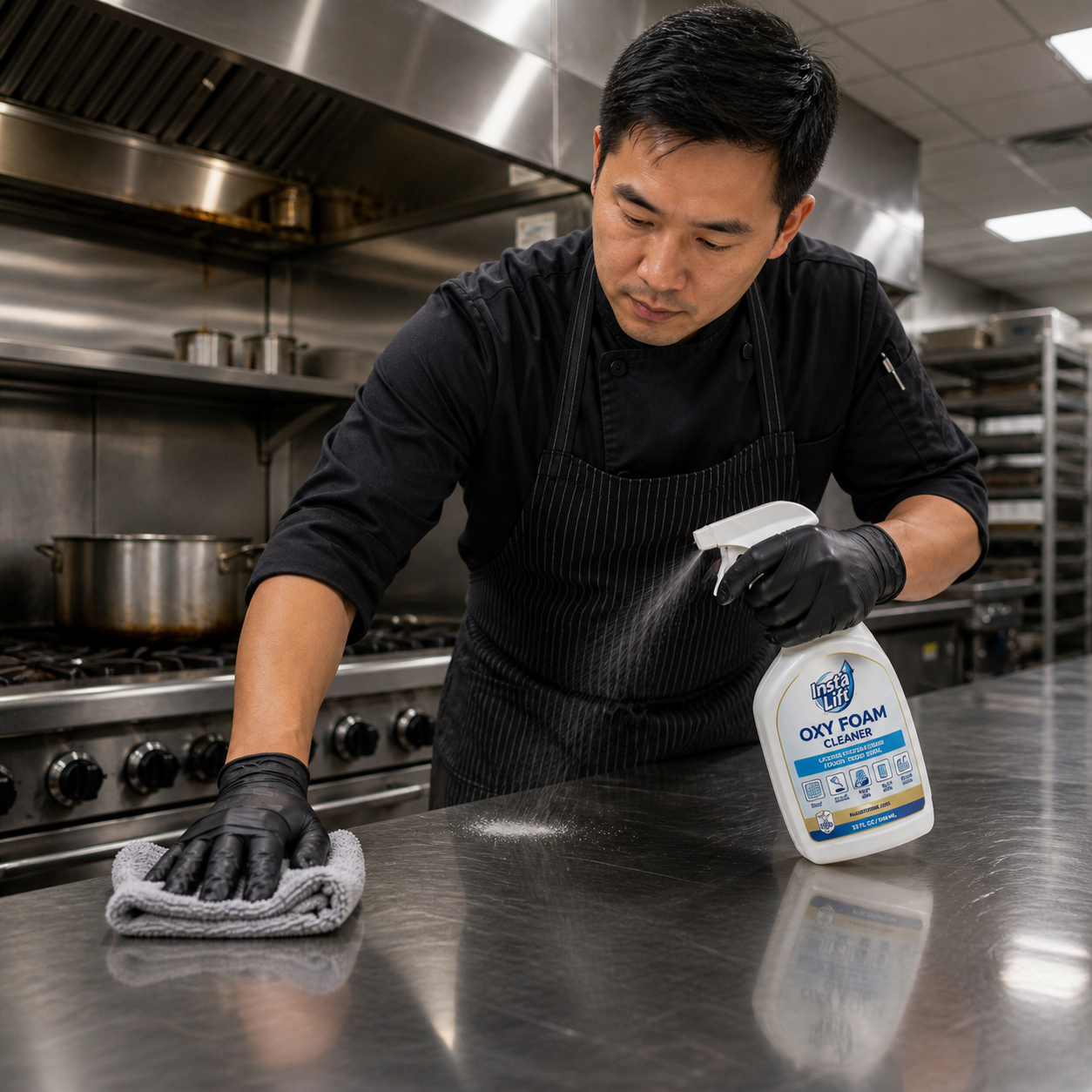 Person cleaning a stainless steel kitchen counter with Oxy Foam Cleaner