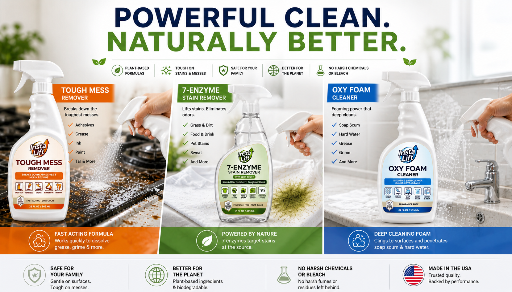 Cleaning product packaging with text 'Powerful Clean. Naturally Better.' and images of cleaning actions.