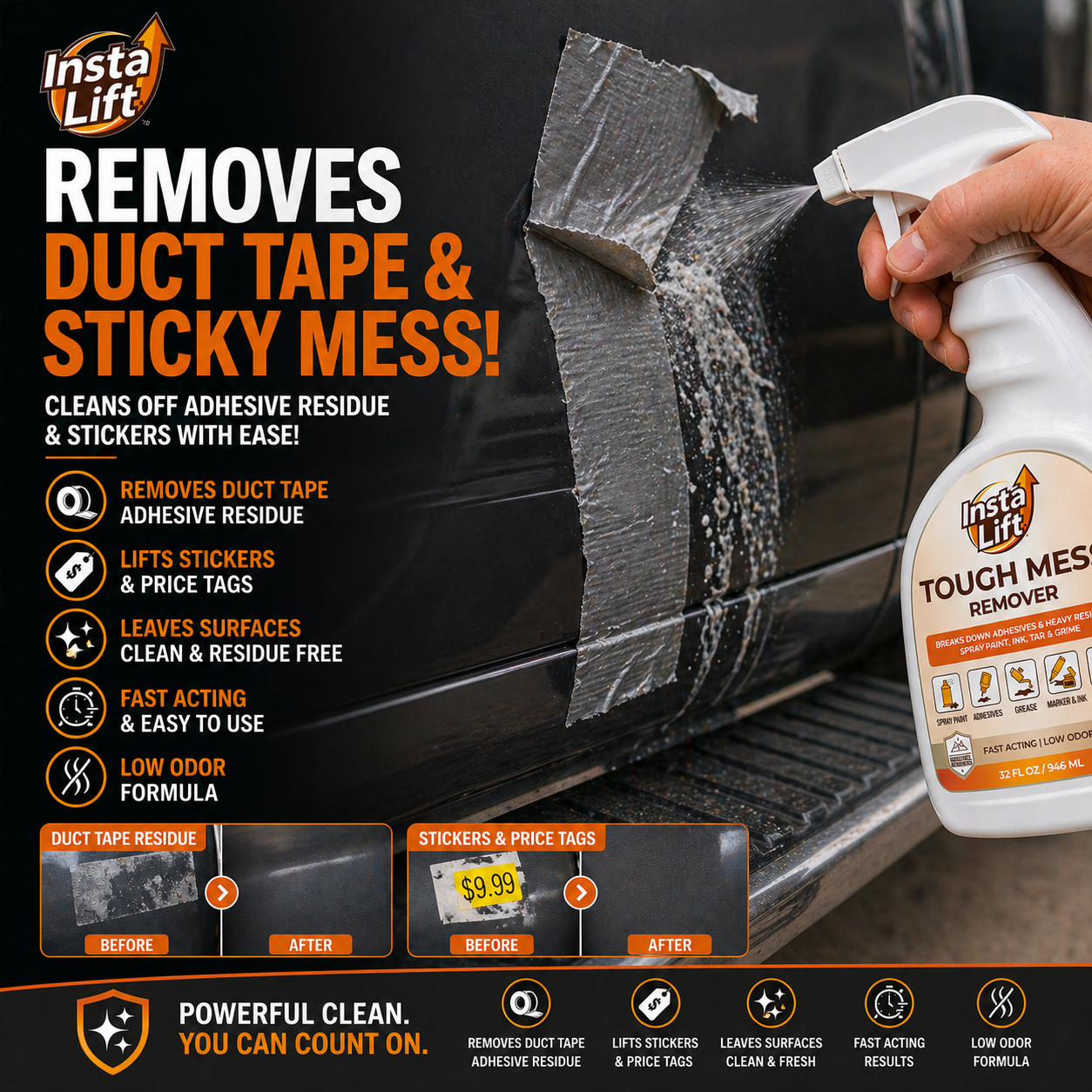 Insta Lift Tough Mess Remover being used to clean adhesive residue from a surface.