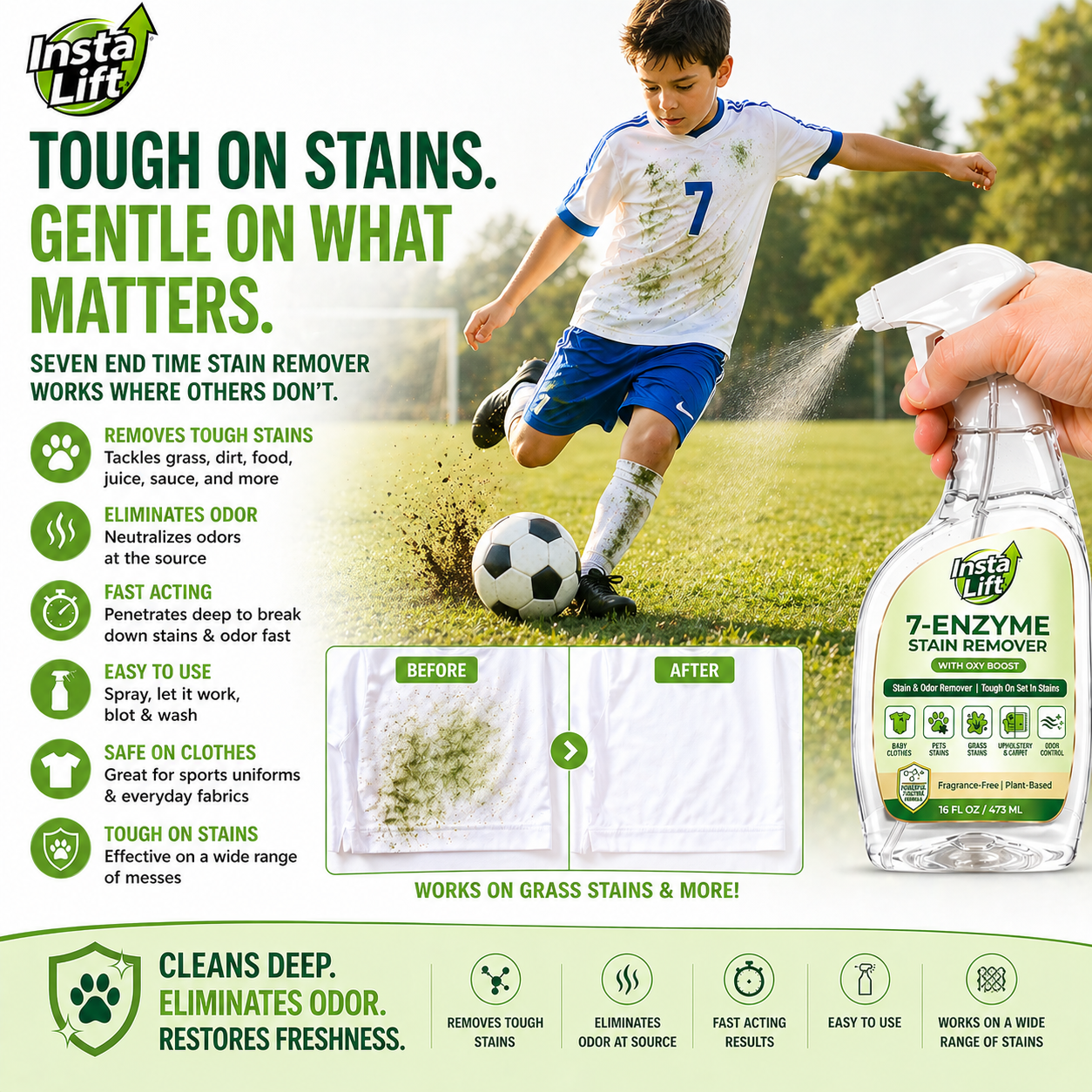 Advertisement for Insta Lift 7-Enzyme Stain Remover with a child playing soccer on grass.