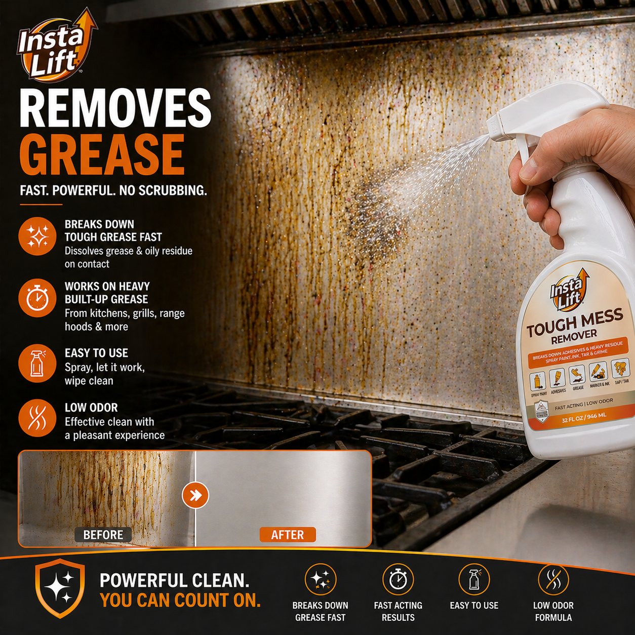 Insta Lift Tough Mess Remover being used on a greasy stove surface with text highlighting its features.