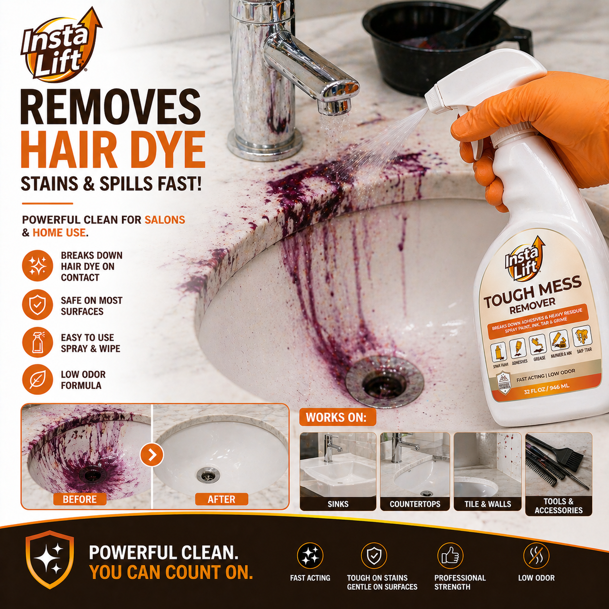 Insta Lift Tough Mess Remover being used to clean a sink with hair dye stains.
