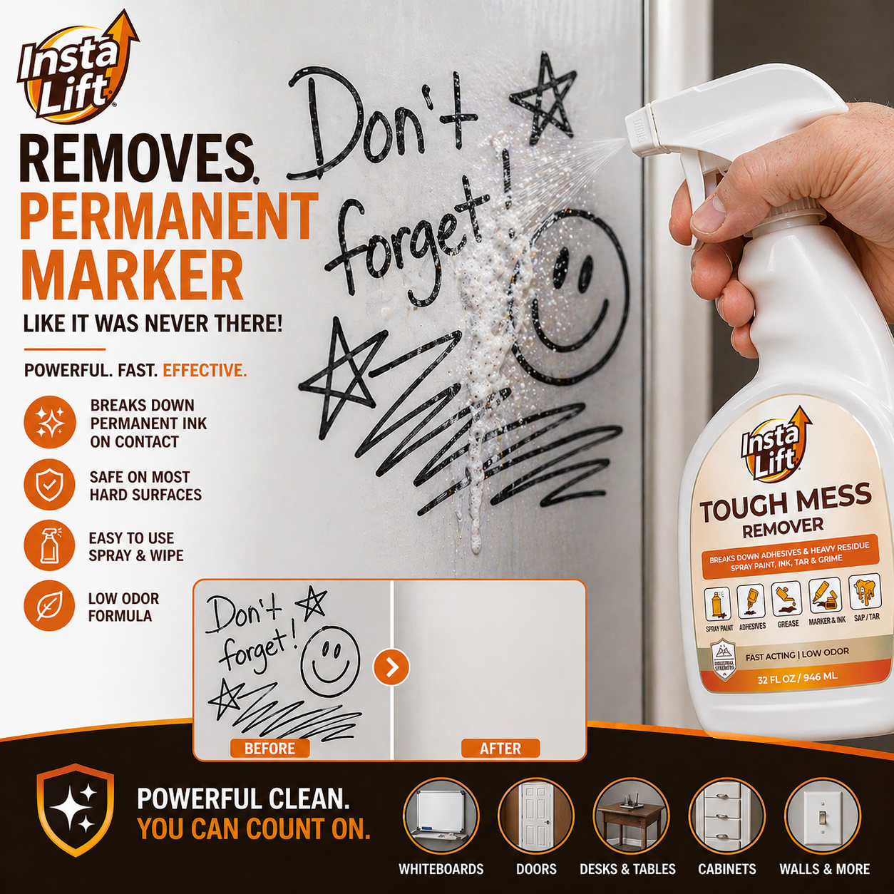 Insta Lift Tough Mess Remover spray bottle with text on a whiteboard background