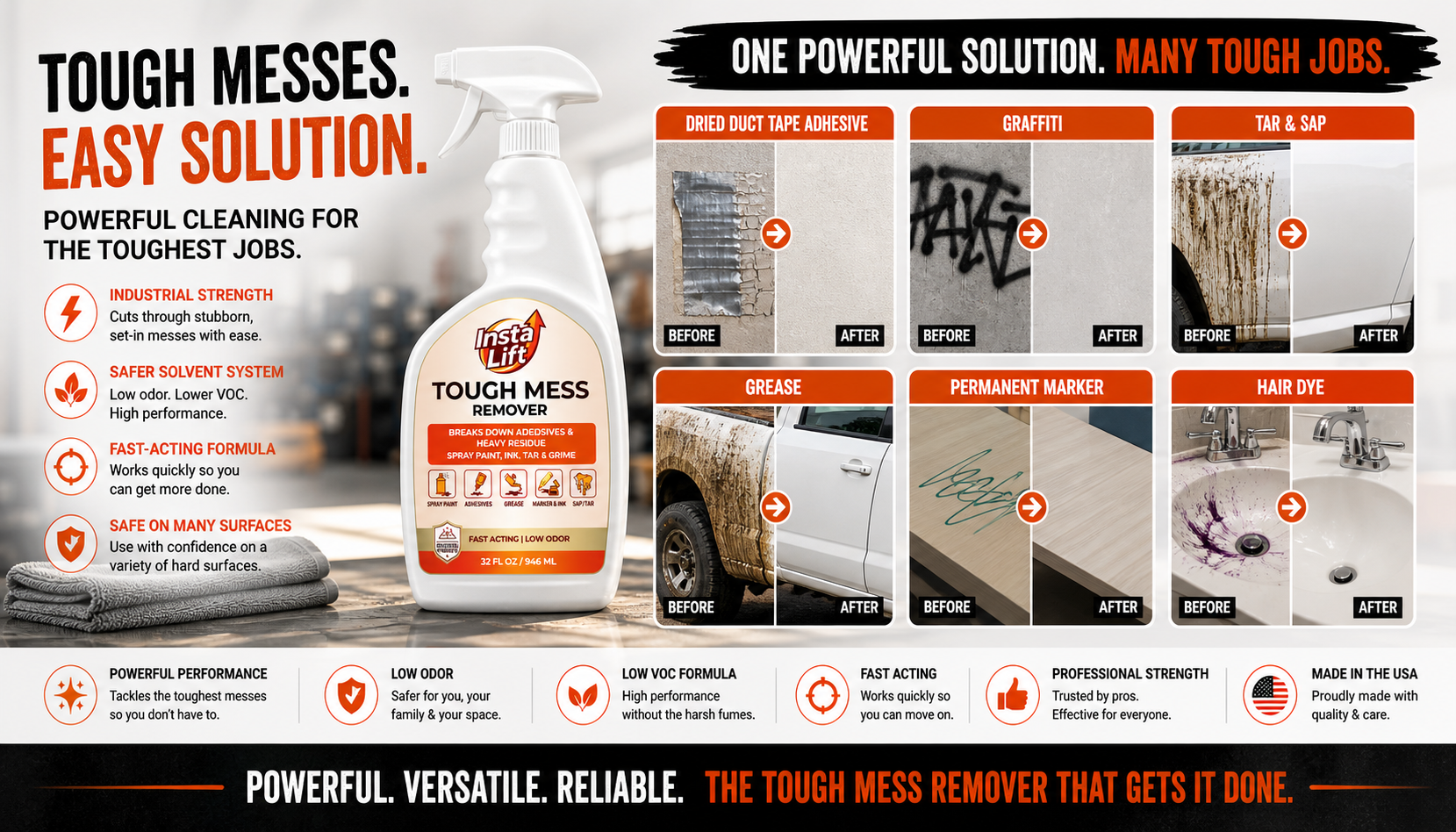 InstaLift Tough Mess Remover product with cleaning applications and benefits on a white background