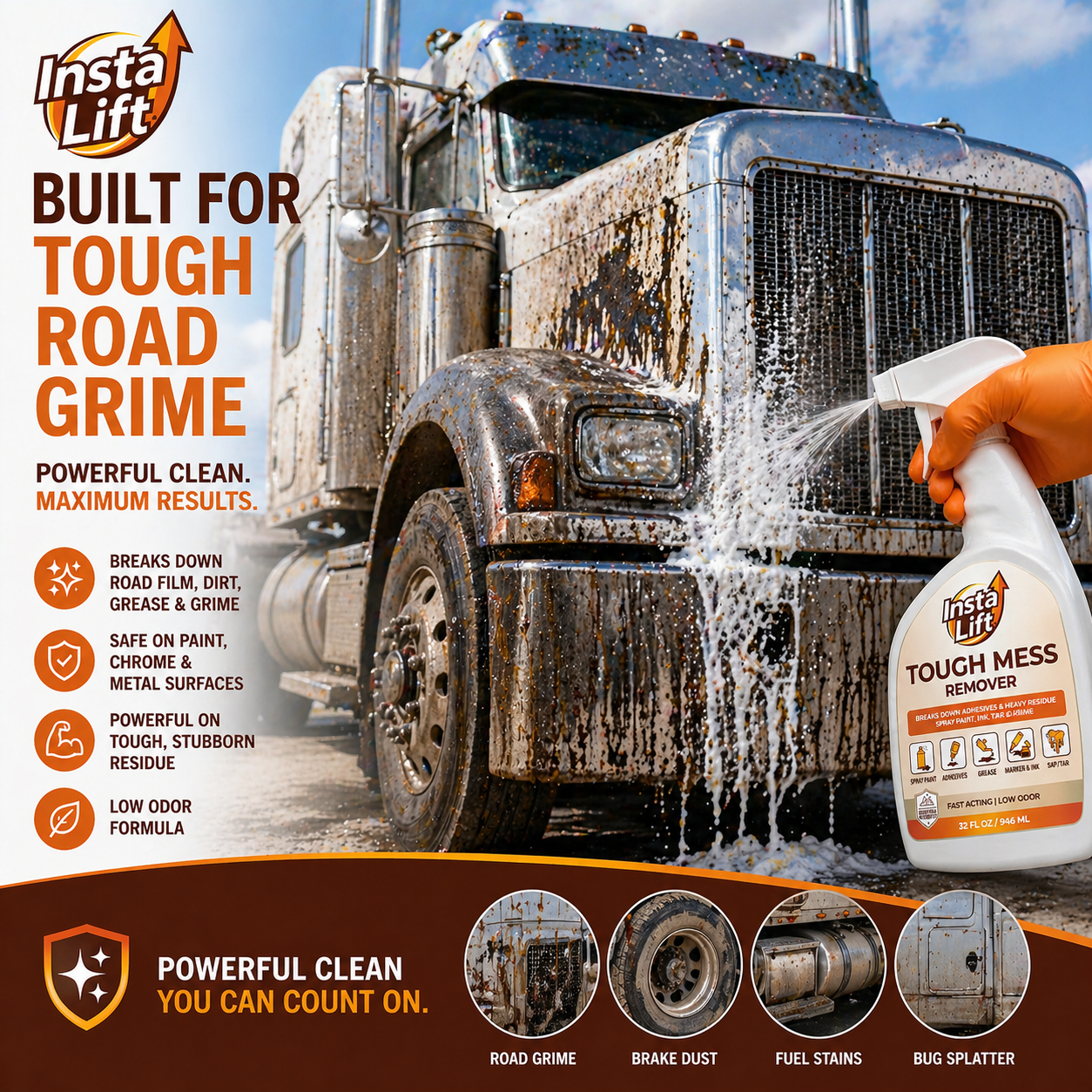 Truck being cleaned with Insta Lift Tough Mess Remover, featuring product details and benefits.