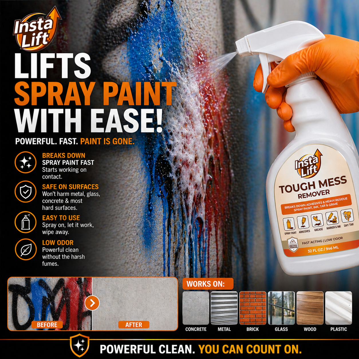 Insta Lift Tough Mess Remover spray bottle being used to remove spray paint from a surface.