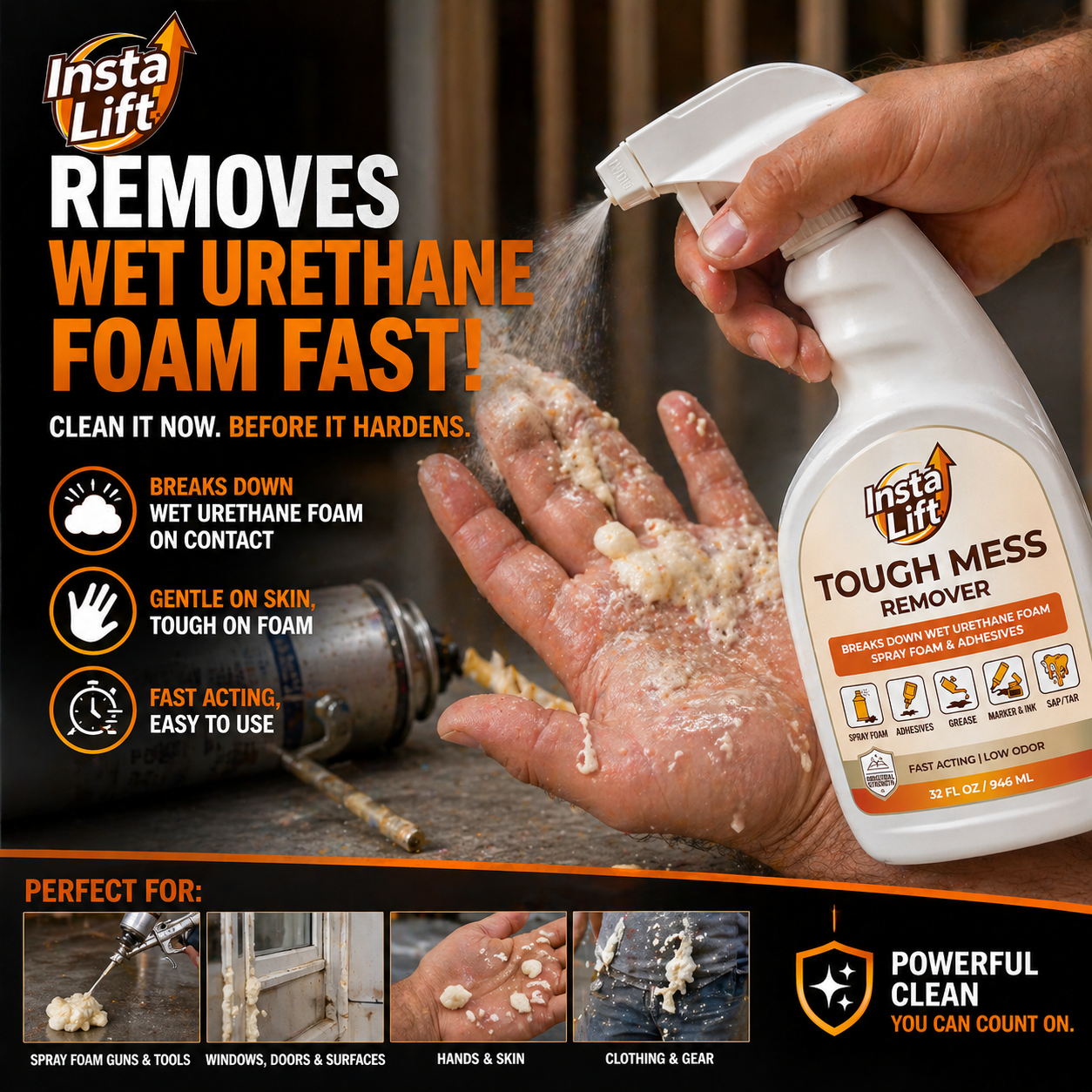 Insta Lift Tough Mess Remover being used to clean hands with wet urethane foam, product packaging displayed.