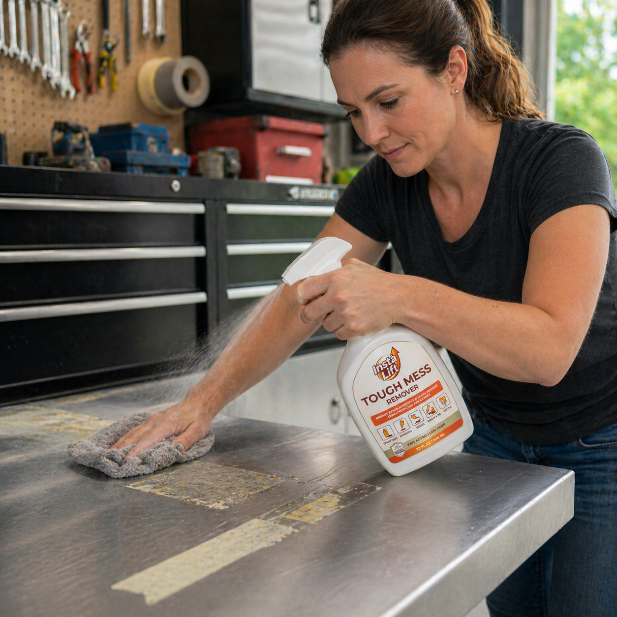 Woman cleaning a metal surface with a spray bottle labeled 'Touch oMess Remover' in a workshop setting.