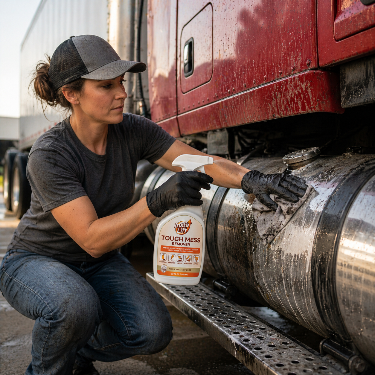 Person using Touch MESS product on a large metal surface with a truck in the background