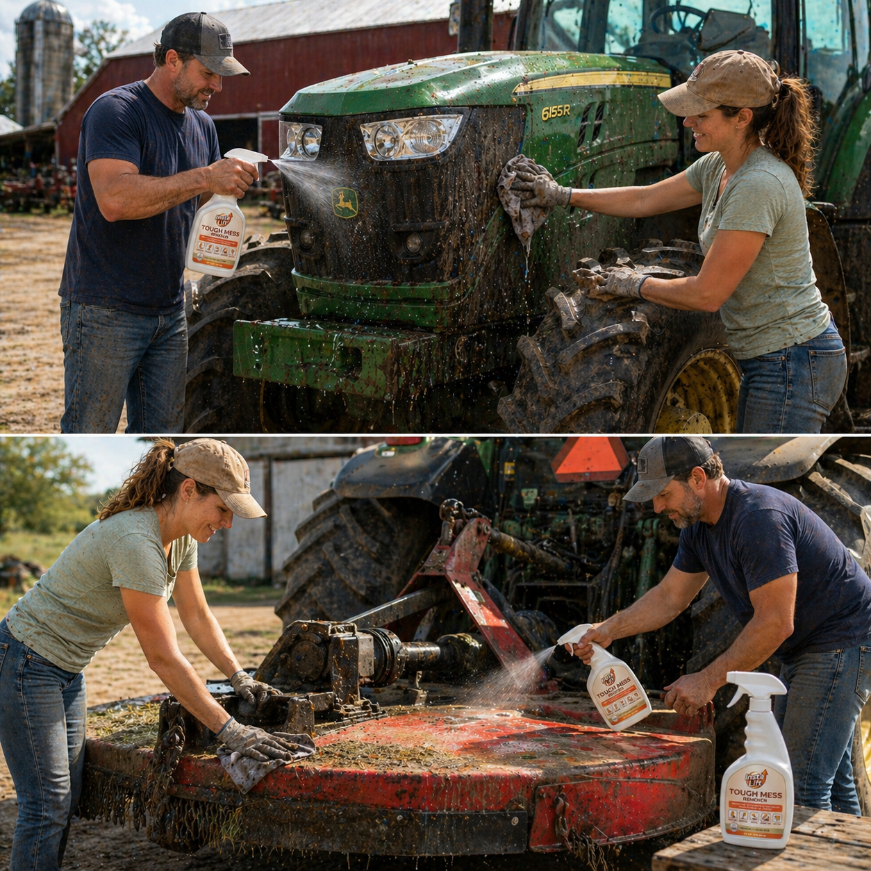 Two people cleaning a tractor with a spray bottle in an outdoor setting.