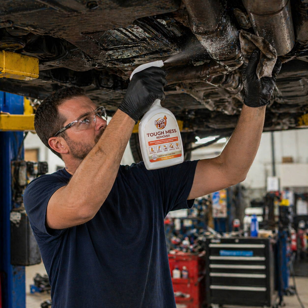Mechanic holding a bottle of 'Tough Mess' remover under a vehicle in a workshop.