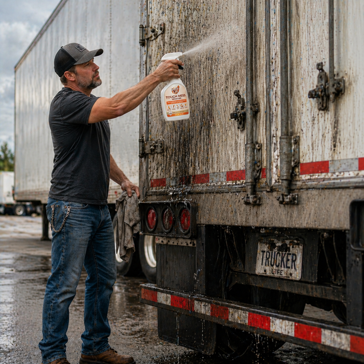 Man cleaning a semi-truck with a spray bottle labeled 'Trucker World'.