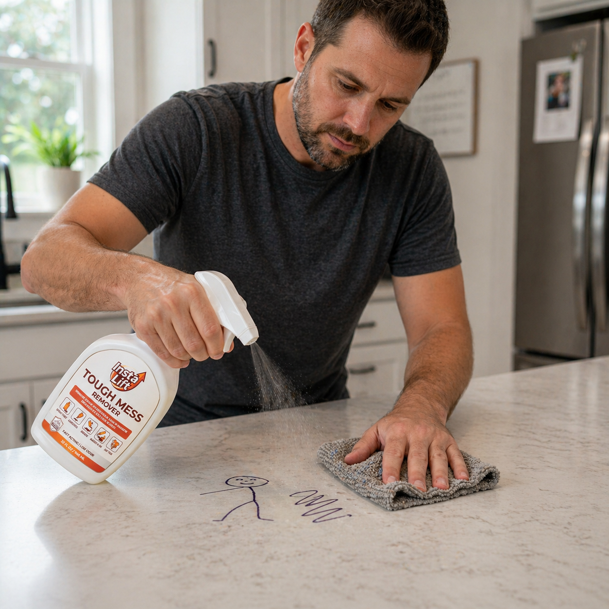 Man cleaning permanent marker off a countertop with a spray bottle and cloth in a kitchen.