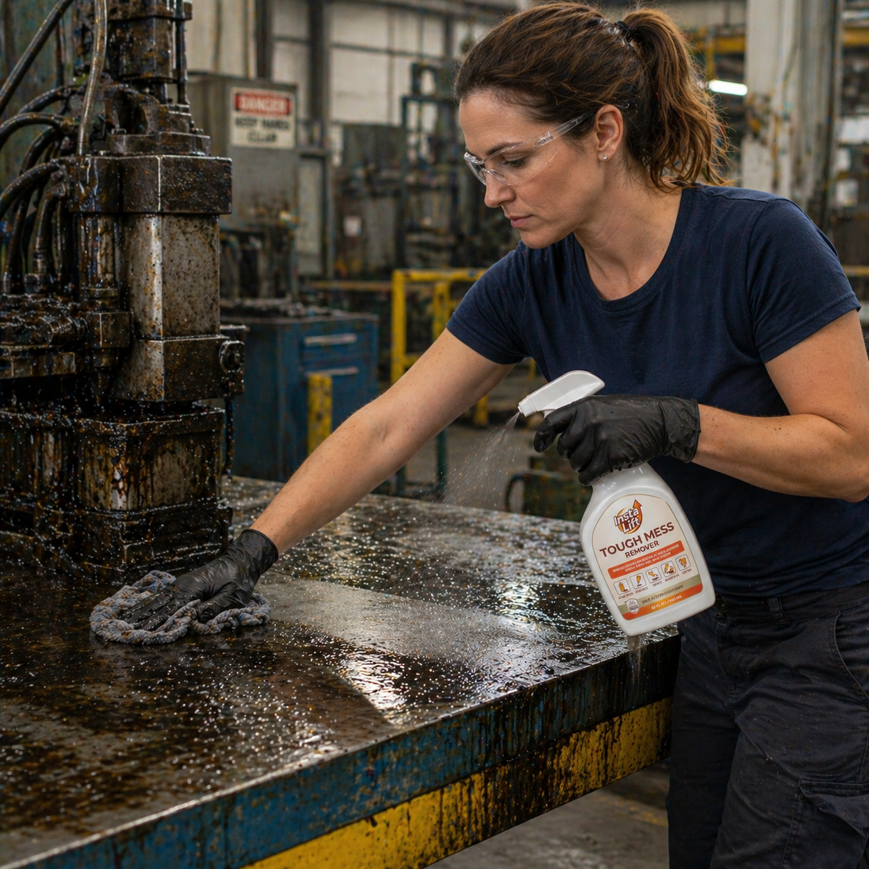 Person cleaning a large industrial machine with a spray bottle labeled 'Touchless'.