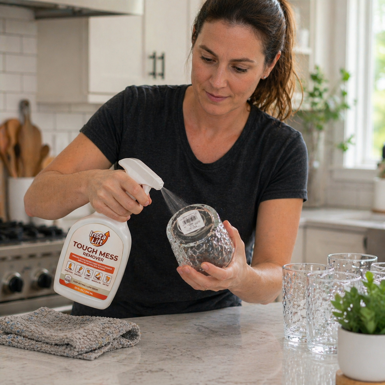 Woman cleaning a glass with a spray bottle in a kitchen