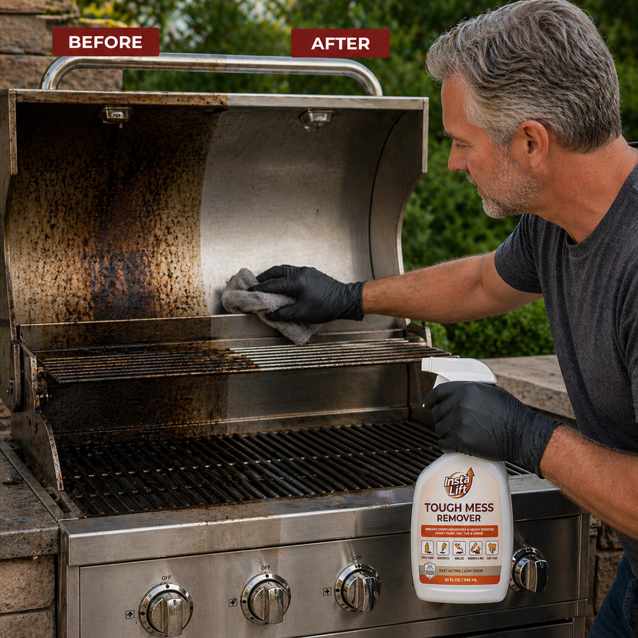 Man cleaning a rusty grill with a bottle of Tough Mess Remover labeled 'Before' and 'After'.