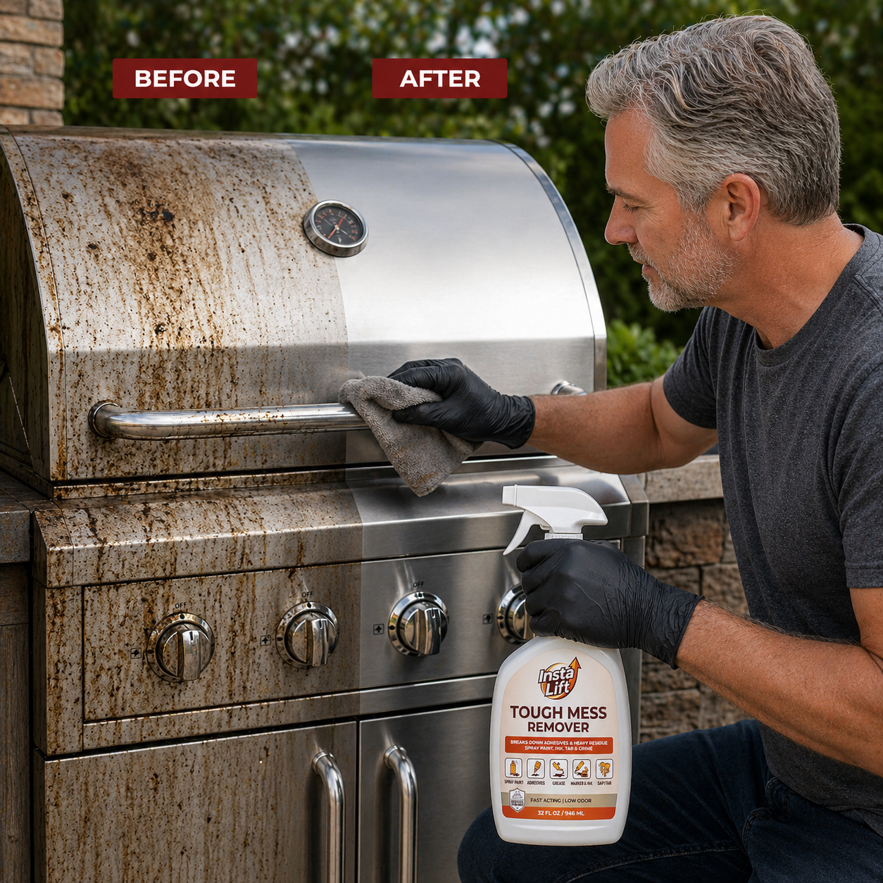 Person cleaning a rusty grill with Testors Tough Mess Remover, showing before and after results.