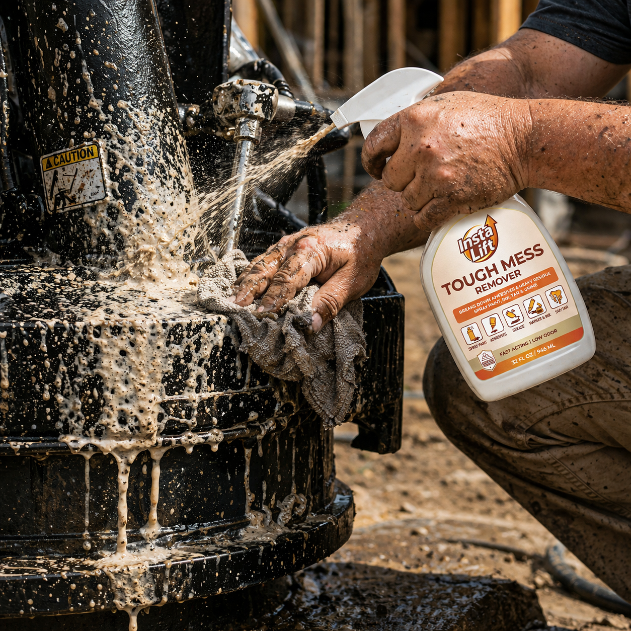 Person cleaning a vehicle component with a spray bottle labeled 'Tough Mess Remover' in an outdoor setting.