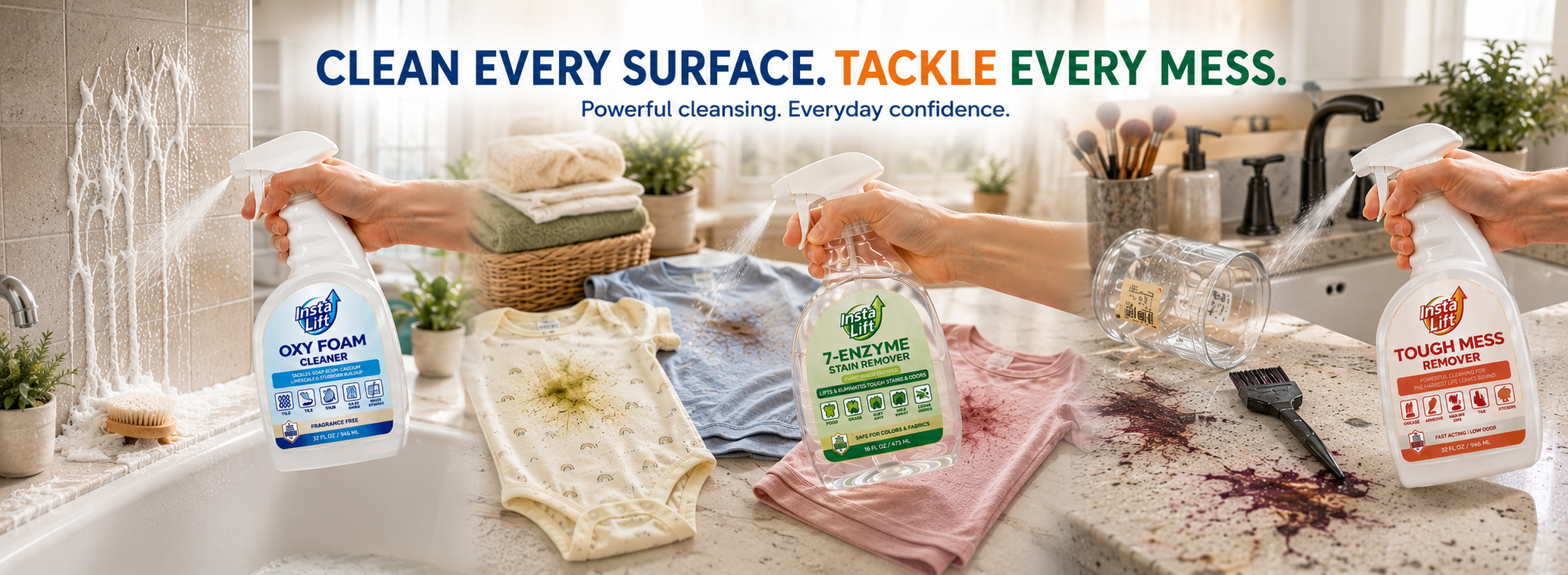 InstaLift  cleaning products being used on a kitchen counter with text 'Clean every surface. Tackle every mess.'