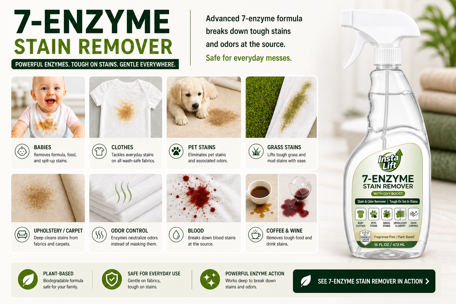 Advertisement for 7-Enzyme Stain Remover with product image and usage examples.