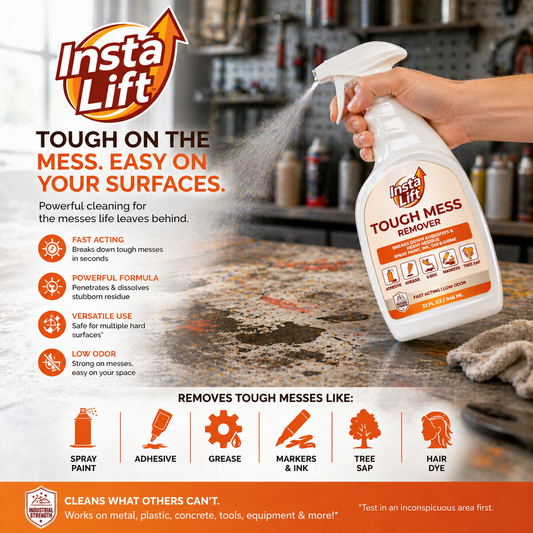 Insta Lift Tough Mess Remover spray bottle being used on a surface with product details and benefits displayed.