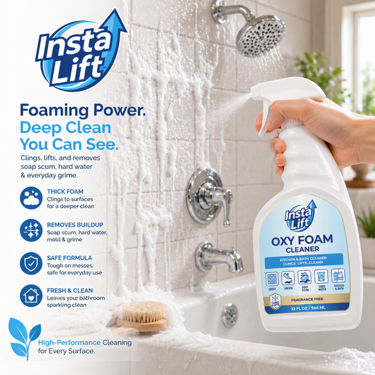 Insta Lift Oxy Foam Cleaner being used to clean a shower with visible foam and cleaning action.