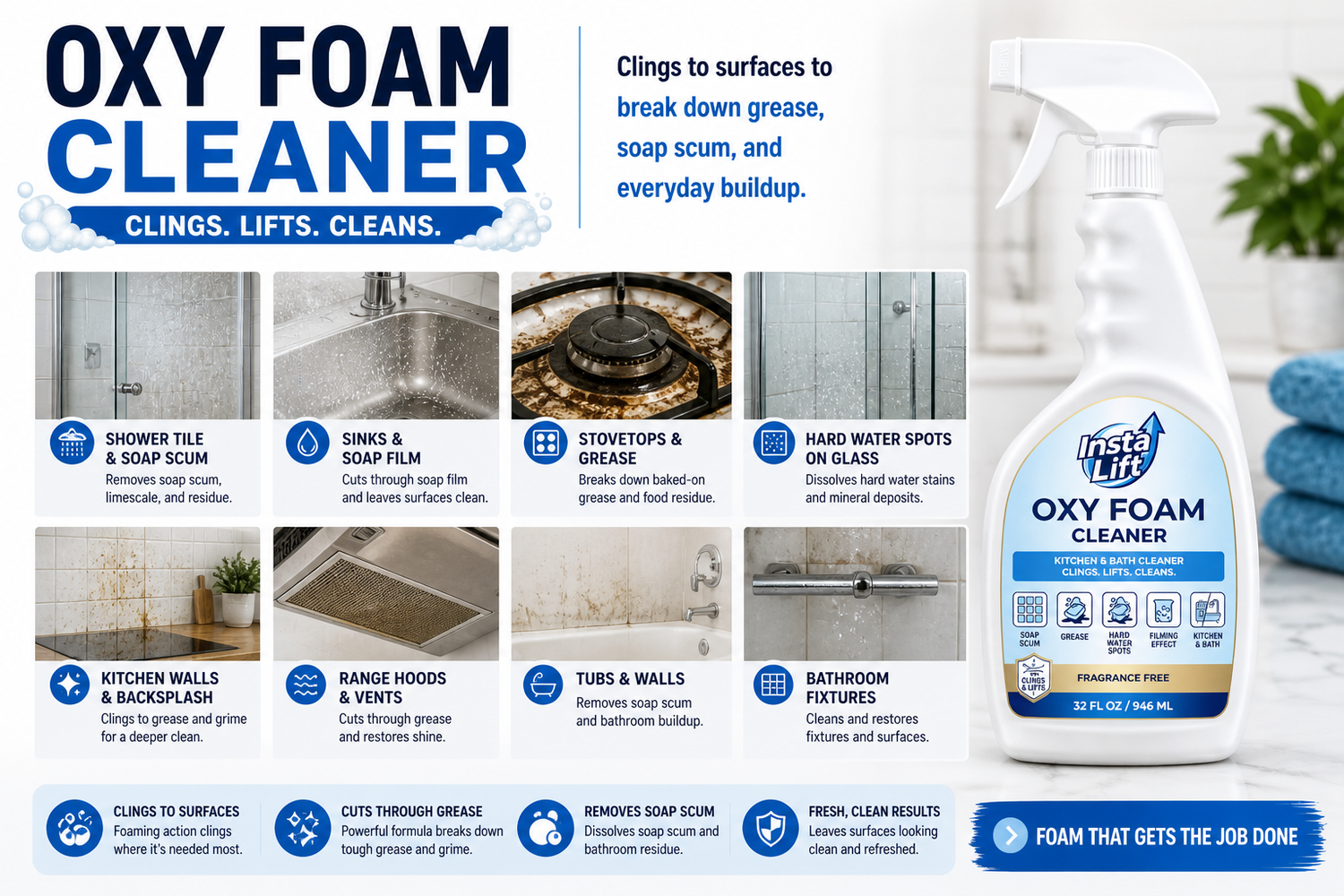 Oxy Foam Cleaner bottle with usage instructions on a white background