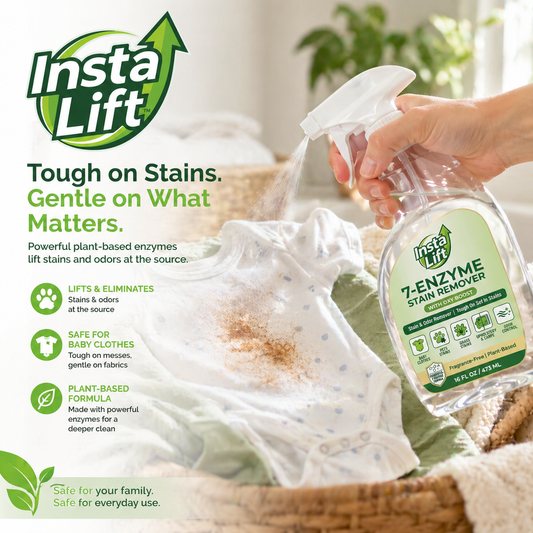 Insta Lift 7-Enzyme Stain Remover being used on a stained baby shirt with product details displayed.