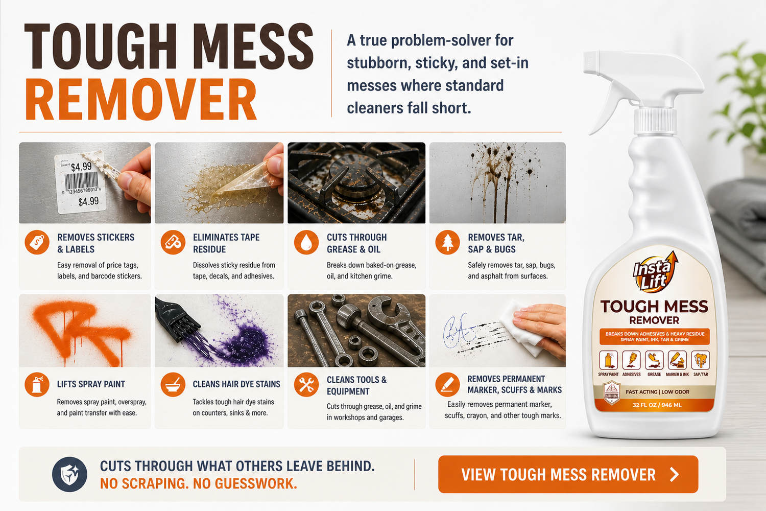 Advertisement for Tough Mess Remover with product image and features listed.