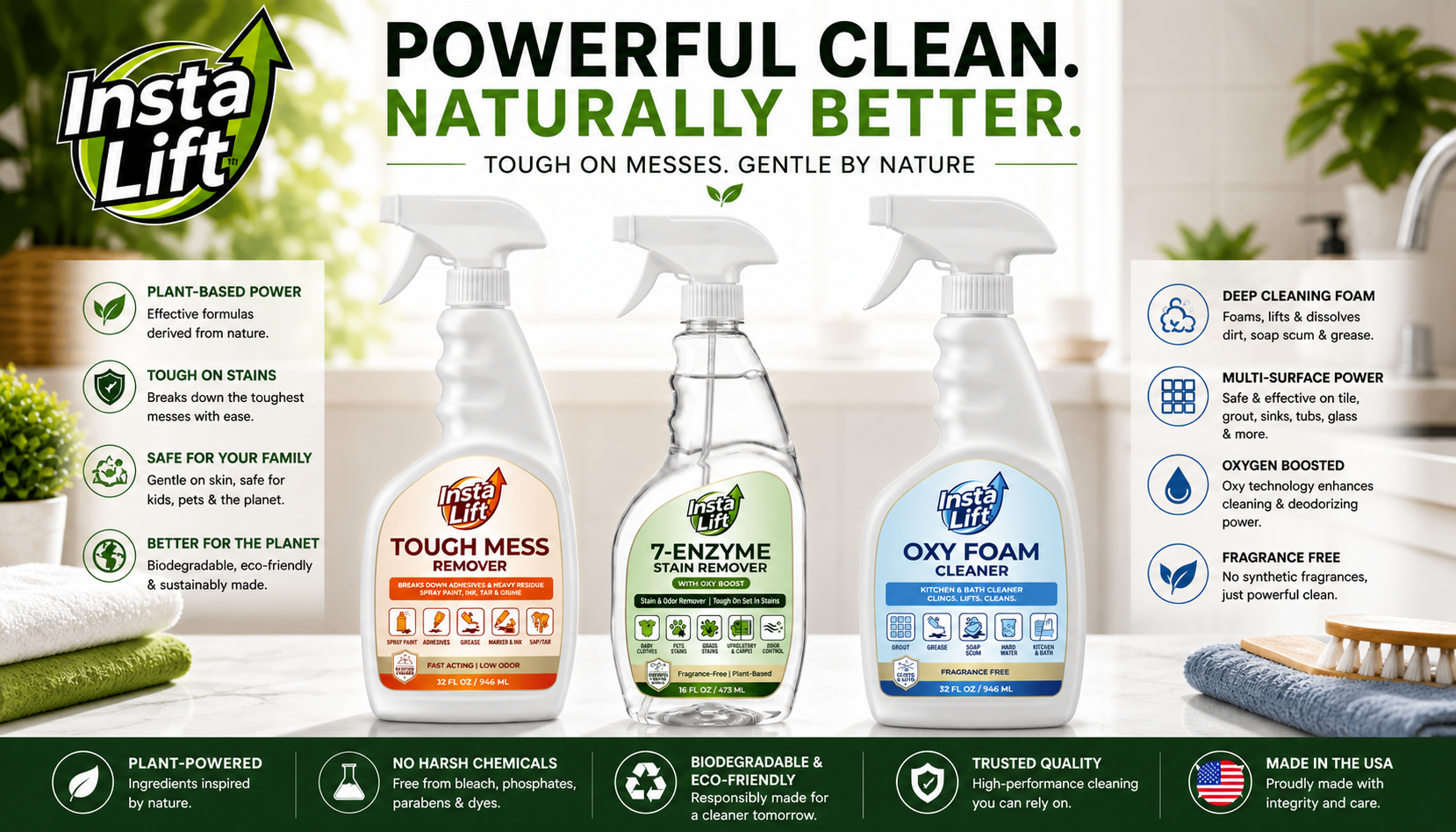 Three bottles of Insta Lift cleaning products with text highlighting their features on a white background.