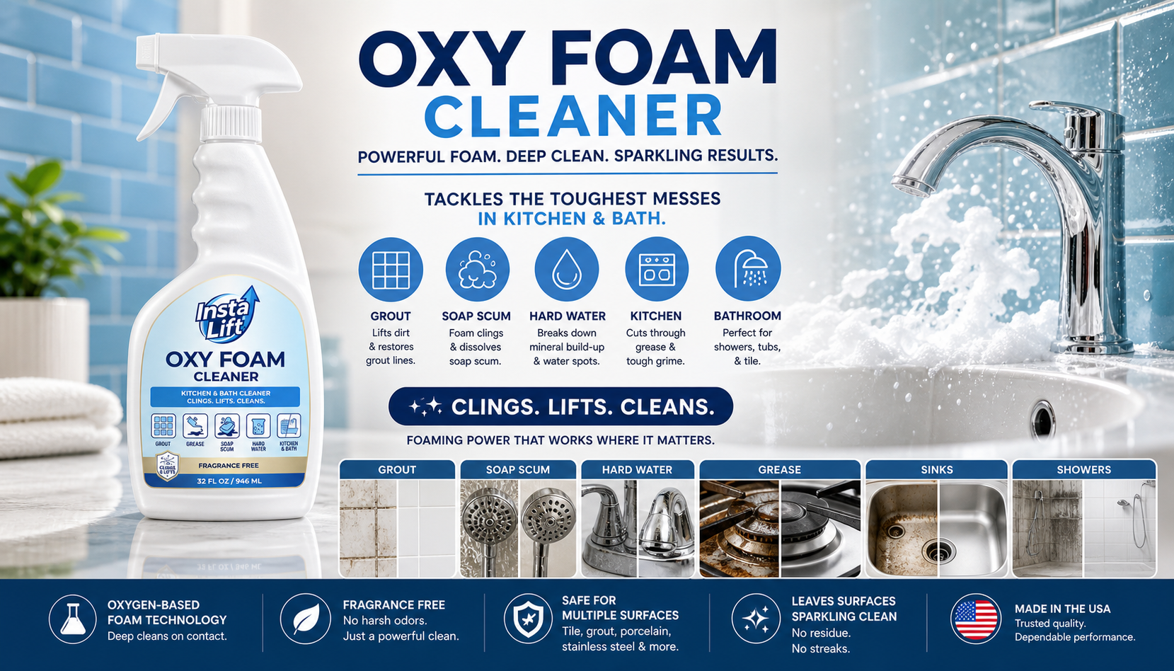 Oxy Foam Cleaner bottle with cleaning benefits displayed on a bathroom background